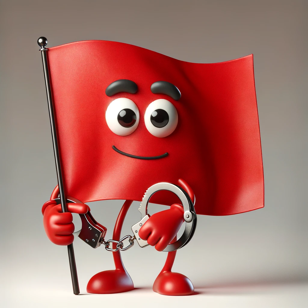 A red flag, anthropomorphized with a playful expression, wearing handcuffs. The background is neutral to highlight the flag's features.